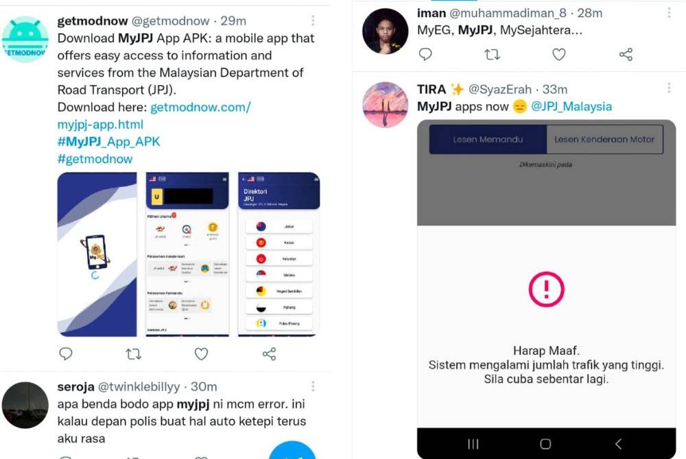 Tangkap layar aduan orang ramai berhubung kesukaran mengakses aplikasi MyJPJ di Twitter pada Sabtu.