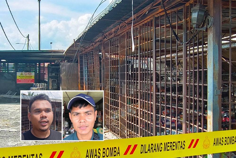 Enam kedai separa kekal hangus dengan tiga daripadanya musnah 90 peratus dalam kebakaran di Jalan Ulu Dedap, Kampong Gajah pada malam Jumaat. (Gambar kecil dari kiri: Muhamad Rafi Uddin dan Ibnu Abas)