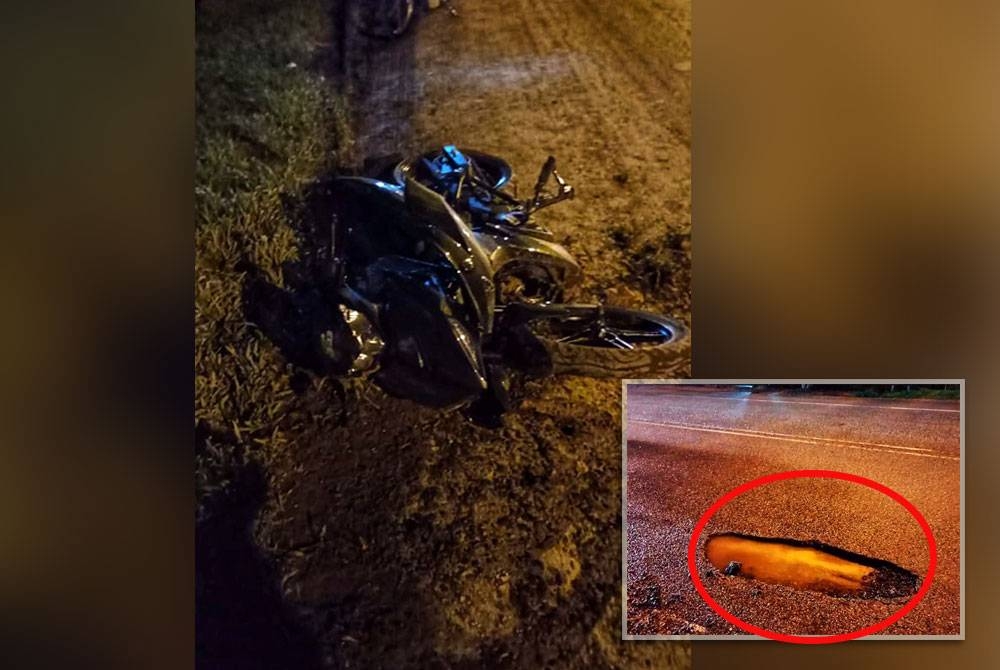 Keadaan motosikal yang ditunggangi mangsa dalam kejadian dekat Kampung Megat Segama Temerloh pada Jumaat. Gambar kecil: Seorang pengguna Facebook memuat naik gambar lubang di tempat kejadian sebelum kemalangan berlaku pada Jumaat.