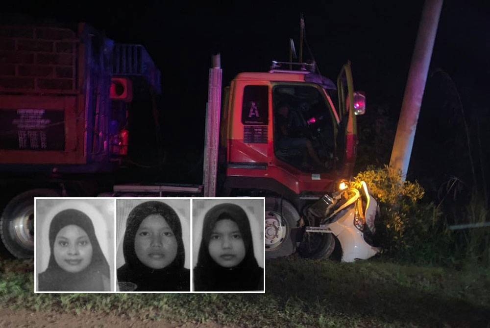 Keadaan kereta Perodua Myvi yang dinaiki mangsa remuk teruk selepas terlibat kemalangan dengan treler di jalan Muadzam Shah ke Rompin berhampiran Kilang Farm Fresh. - Foto JBPM Pahang (Gambar kecil dari kiri: Nurul Natasha Ahmad Akbal, Nazira Ramli, dan Suhada Ramli.)