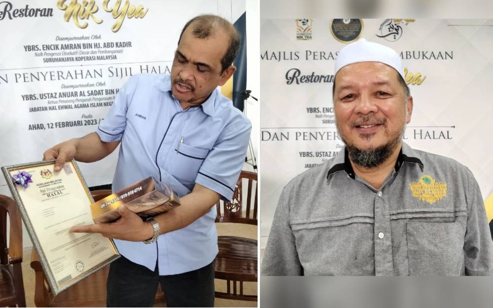 Amran menunjukkan Sijil Halal yang diterima daripada Restoran Nik Yea. (Kanan: Nik Azharuddin)