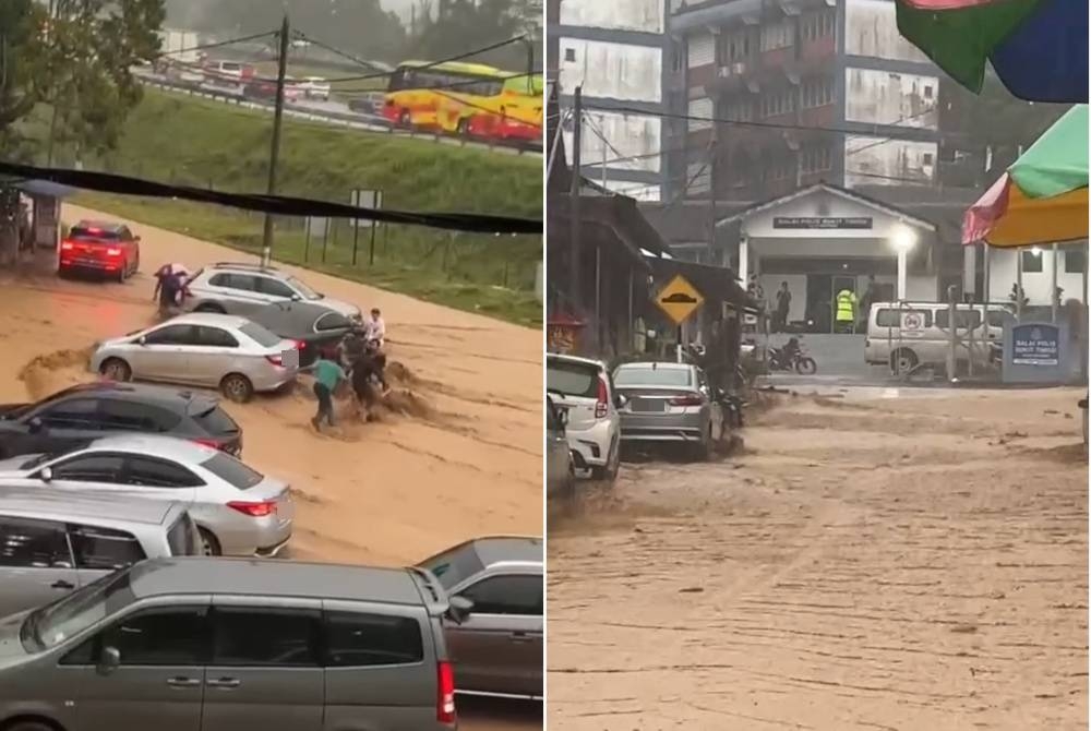 Tangkap layar video kejadian banjir kilat di kawasan Bukit Tinggi, Bentong pada petang Ahad.