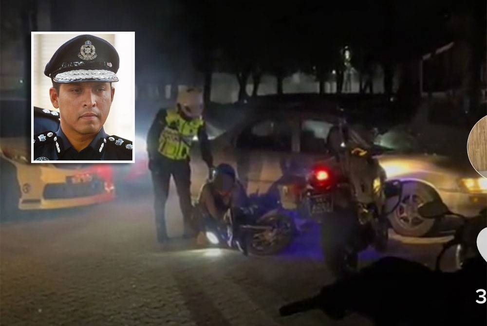 Polis menahan seorang penunggang motosikal yang membuat bising di Dataran Kemerdekaan, Shah Alam pada Ahad. (Gambar kecil: Mohd Iqbal)