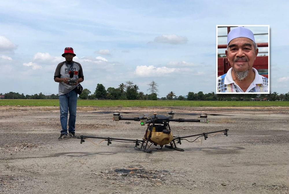 Mohd Fauzi Mat Isa memanfaatkan teknologi dron dalam membantu kerja-kerja meracun di petak sawahnya. (Gambar kecil: Abdul Rahim)