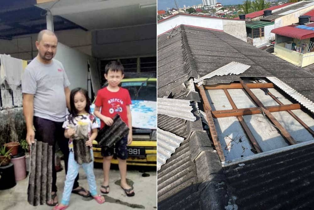 Edil Mustafa bersama dua daripada tiga anaknya menunjukkan serpihan bumbung rumah mereka yang diterbangkan angin dalam kejadian ribut dan hujan lebat pada Isnin. Gambar kanan: Keadaan bumbung rumah sewa yang didiami Edil Mustafa bersama tiga anaknya rosak teruk dalam kejadian ribut dan hujan lebat pada Isnin.