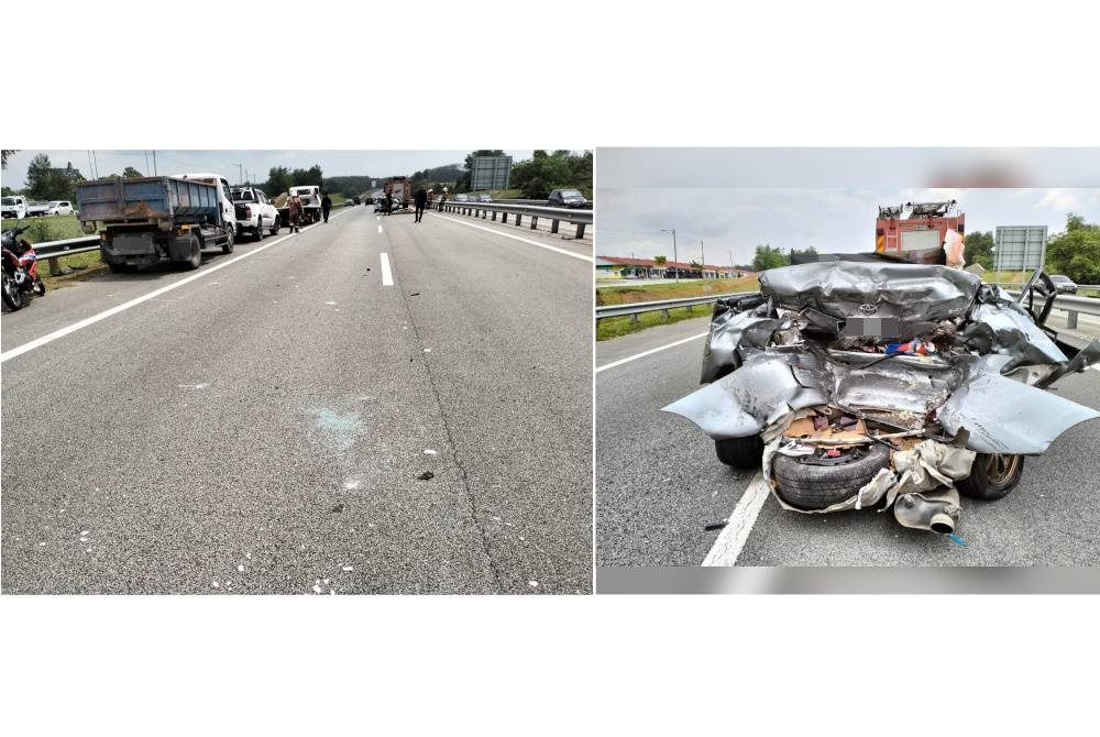 Keadaan lokasi dan kenderaan mangsa yang remuk selepas kejadian kemalangan di KM 20.8 Lebuhraya Seremban-Port Dickson (SPDH) menghala ke Teluk Kemang pada Selasa. - Foto PDRM