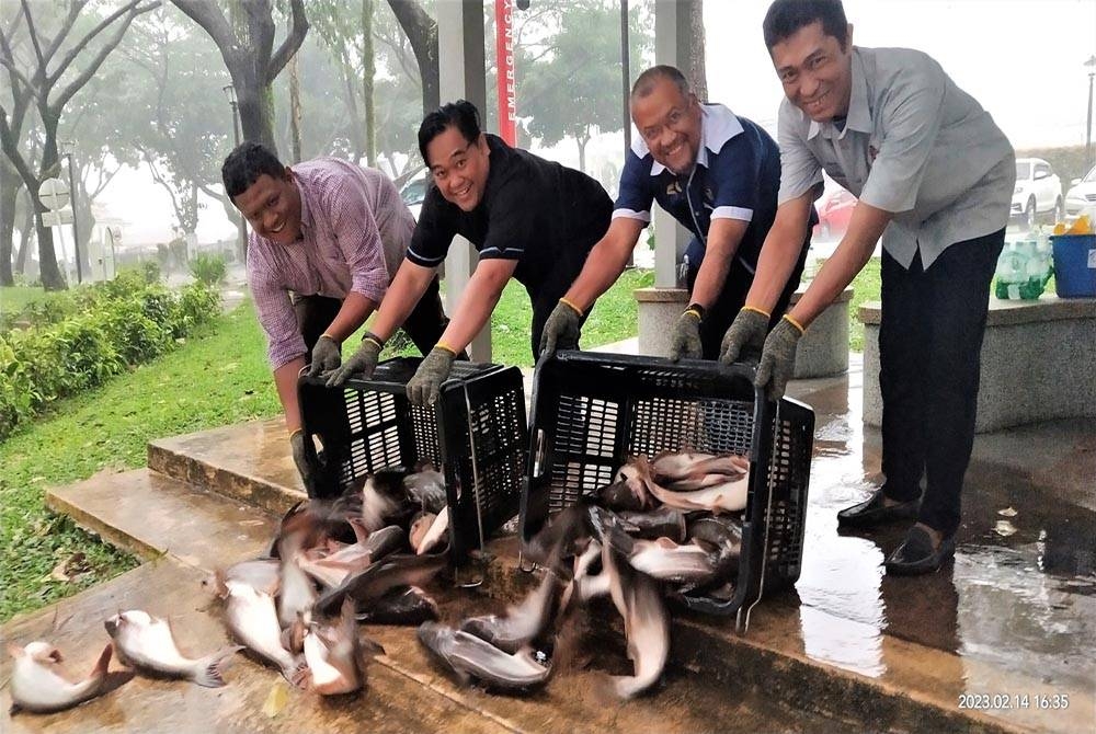 Khairul Azmir (dua dari kanan) beserta pegawai DBKL melepaskan pelbagai jenis ikan di Taman Tasik Ampang Hilir hari ini.