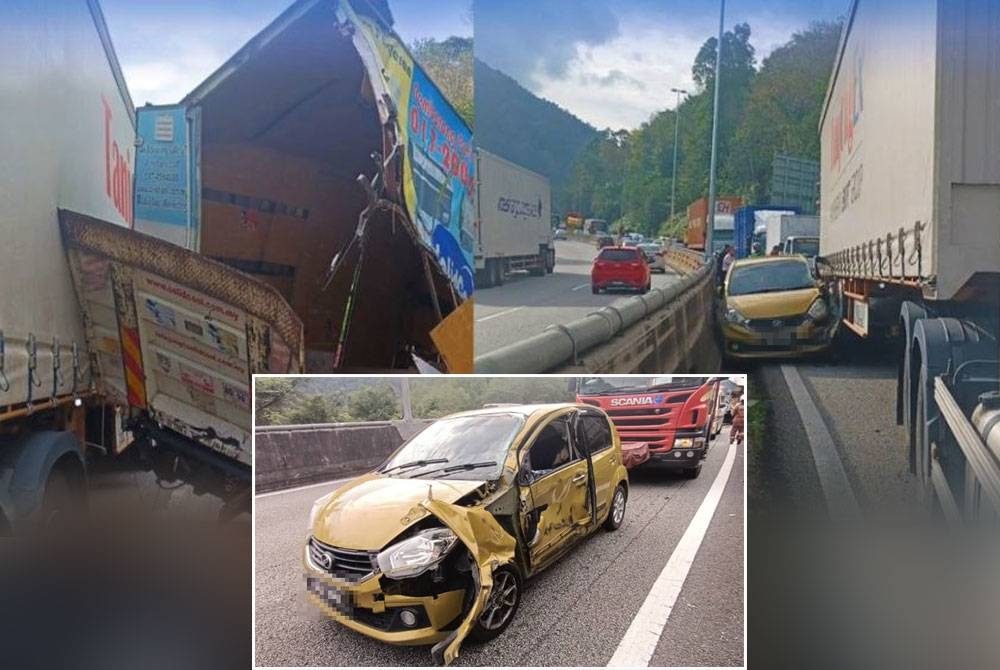 Kenderaan Myvi tersebut tersepit antara pembahagi jalan dengan treler.