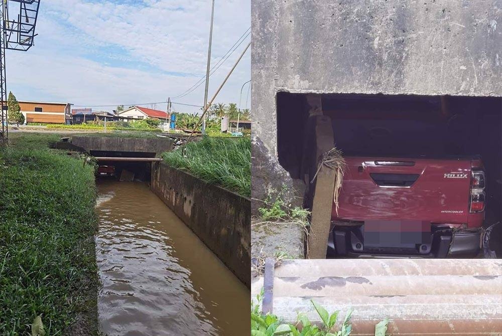 Pacuan empat roda terperosok di bawah saluran pembentung parit berhampiran Bulatan Sigah, Pekan Donggongon, Penampang.