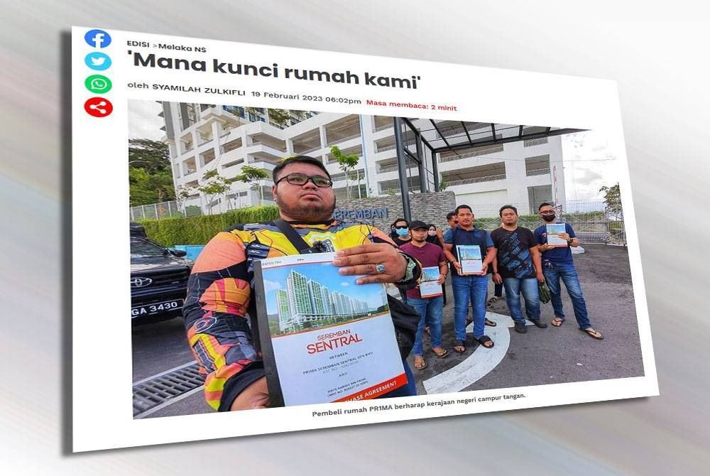 Laporan Sinar Harian berkenaan keluhan pemilik rumah PR1MA pada Ahad.