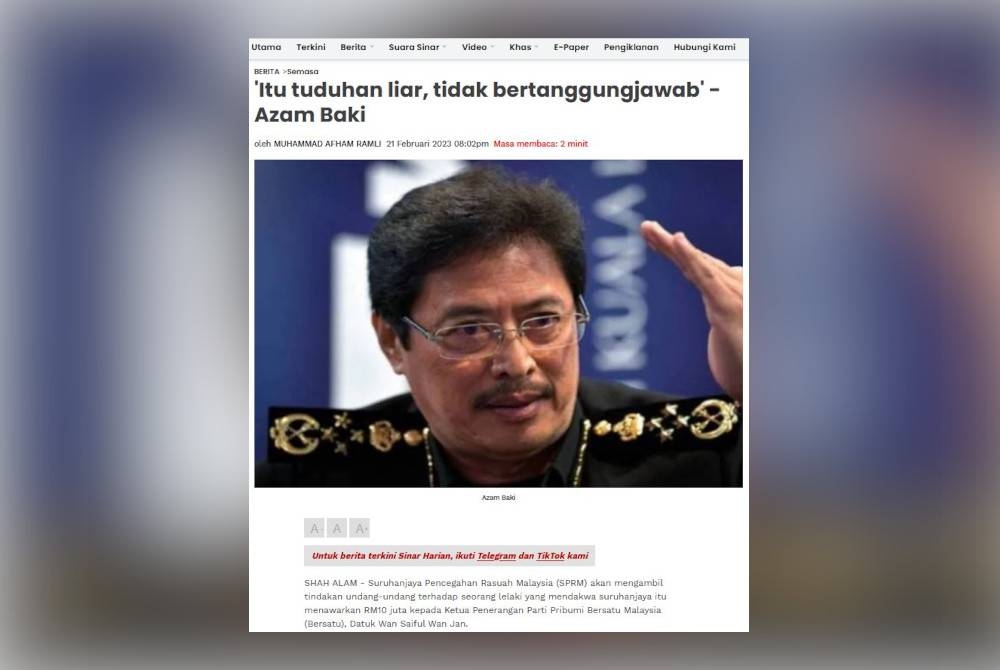 Laporan Sinar Harian pada Selasa.