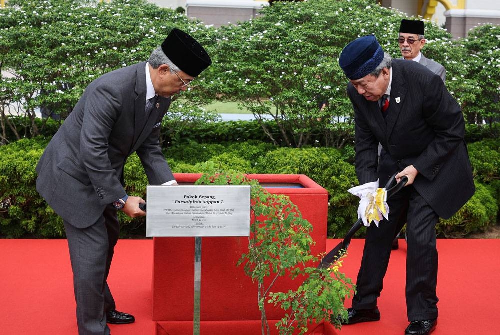 Yang di-Pertuan Agong Al-Sultan Abdullah Ri&#039;ayatuddin Al-Mustafa Billah Shah (kiri) dan Sultan Selangor, Sultan Sharafuddin Idris Shah (kanan) berkenan menyempurnakan Majlis Penanaman Pokok Sepang di pekarangan Istana Negara pada Rabu. - Foto: Bernama