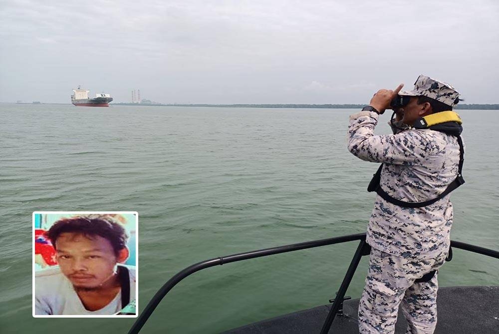 Pencarian digerakkan anggota Maritim Malaysia Selangor di kawasan perairan Sementa, Kapar pada Khamis. (Gambar kecil : Raiman Suyud.)