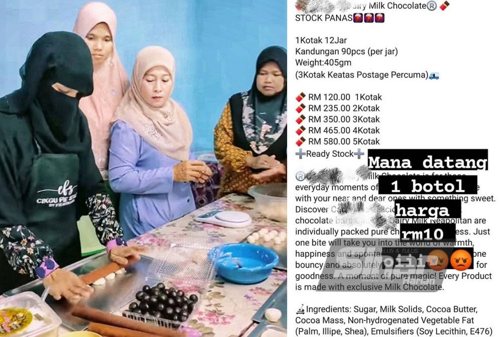 Farizah (kiri) meluahkan rasa bimbang pengusaha kuih dan biskut terpedaya tawaran bahan mentah harga murah. Gambar kanan: Hantaran pemilik akaun berkenaan yang dikongsi Farizah. Foto: Farizah Jaafar