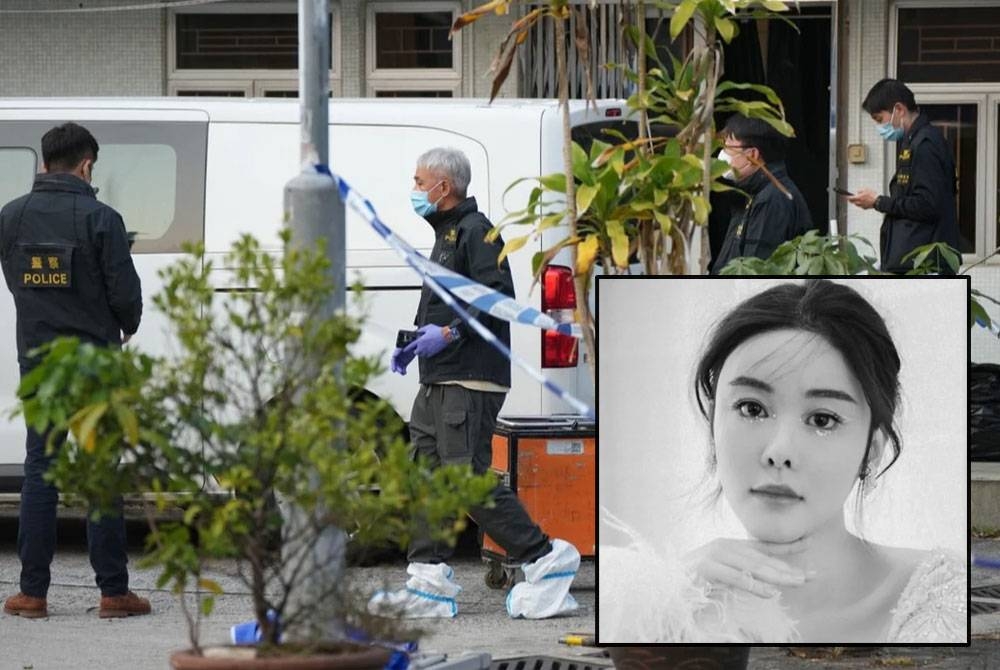 Pasukan polis sedang memeriksa rumah sewa yang dijadikan lokasi melupuskan mayat Abby Choi (foto kecil).