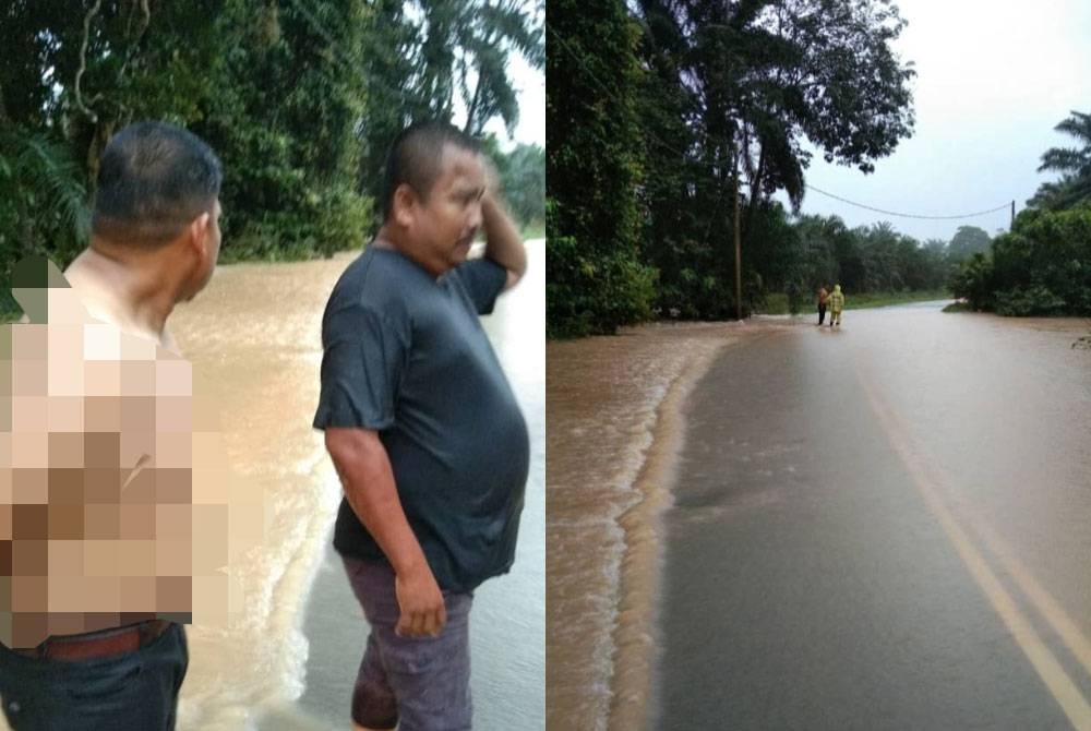 Gambar kiri: Mohd Shah (kanan) dan Mohd Izwan berjaya keluar dari kereta yang tenggelam selepas dihanyutkan limpahan air di jalan lama Mawn-Jerantut di Kampung Jara, Maran pada awal pagi Rabu. Gambar kanan: Keadaan lokasi kejadian di jalan lama Maan -Jerantut di Kampung Jara, Maran yang berlaku limpahan air akibat hujan lebat.