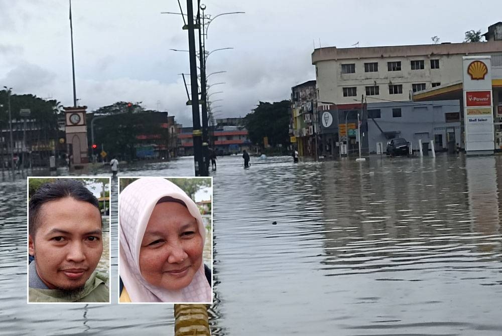 Keadaan banjir di Bandar Kota Tinggi pada Rabu. Gambar kecil dari kiri: Hafiz, Norliyah