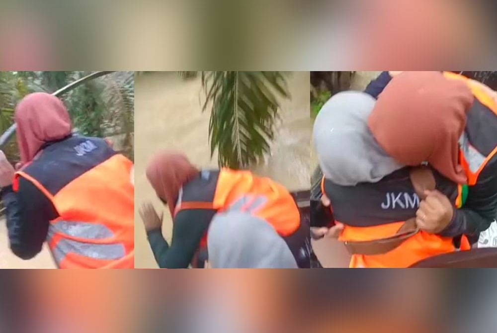 Seorang kakitangan JKM menjerit meminta tolong selepas mendengar sebuah bot datang untuk menyelamatkan mereka selepas pacuan empat roda dinaiki air sehingga paras bumbung di jalan menuju PPS di Parit Haji Kamisan, Yong Peng, Batu Pahat, pada Rabu.