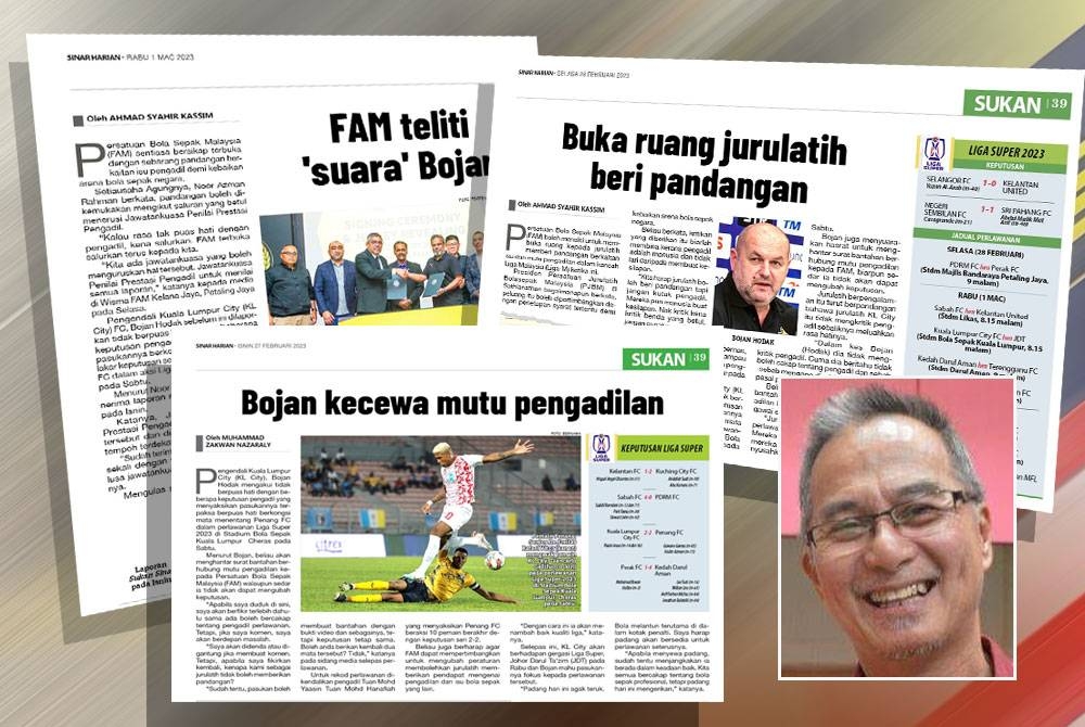 Keratan akhbar laporan Sukan Sinar. Gambar kecil: Amir Sharifuddin