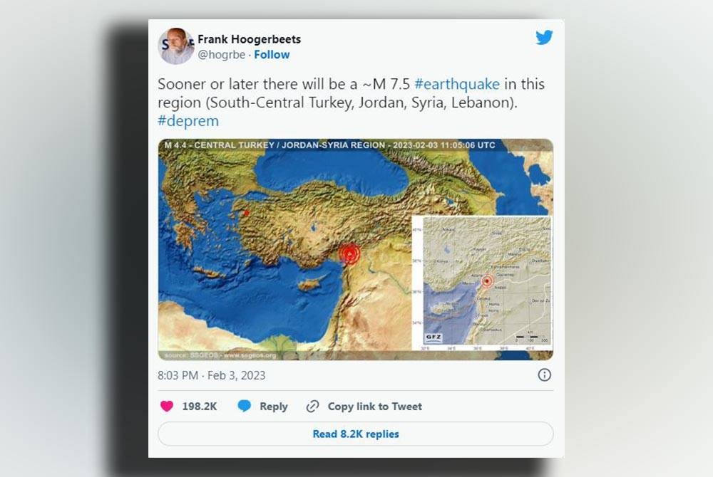 Hoogerbeets pernah meramalkan gempa kuat di Turkiye dan Syria menerusi Twitter, tiga hari sebelum tragedi dahsyat itu berlaku. - Foto Agensi