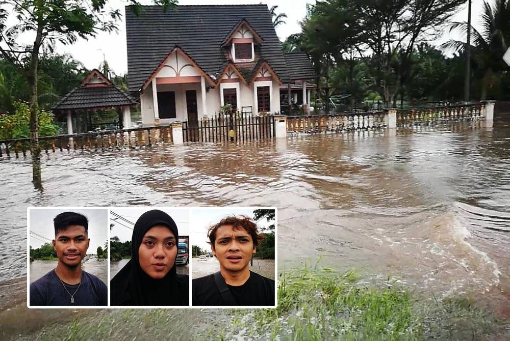 Keadaan rumah penduduk yang dinaiki air di Kampun Parit Yani pada Sabtu(Gambar kecild dari kiri :.Muhamma Helmi,Maizatul Izwani dan Fuad)