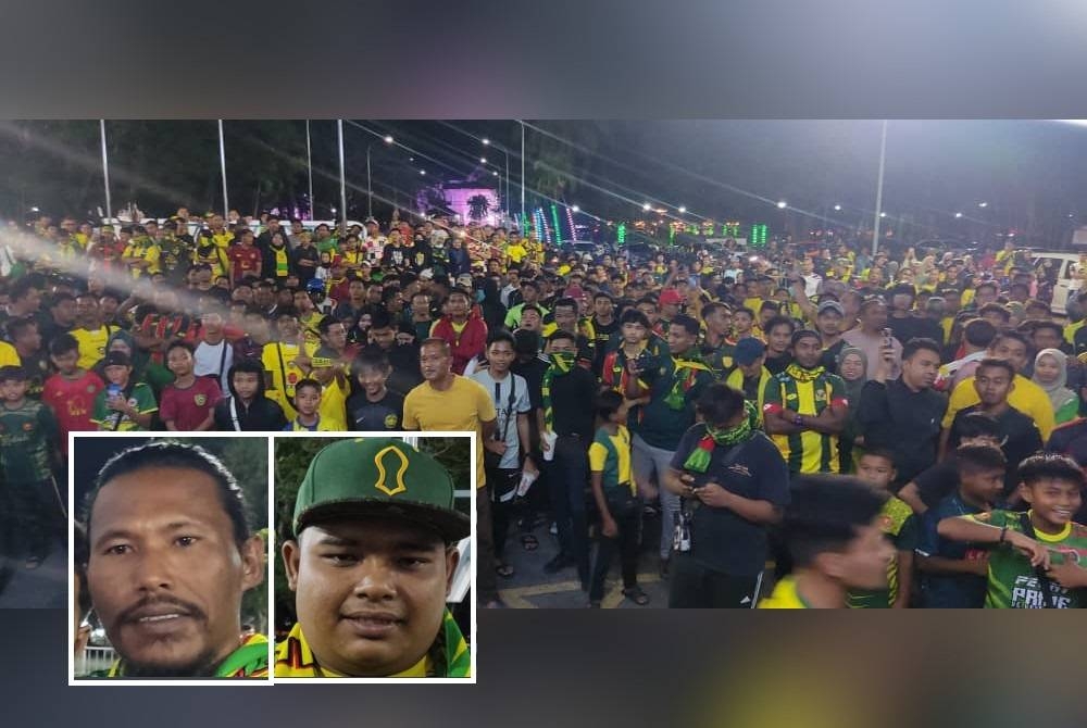 Penyokong KDA FC berkumpul di hadapan pintu utama Stadium Darul Aman namun keadaan terkawal dengan kawalan polis pada malam Sabtu. - Gambar kecil: Ridzuan (kiri), Affendi