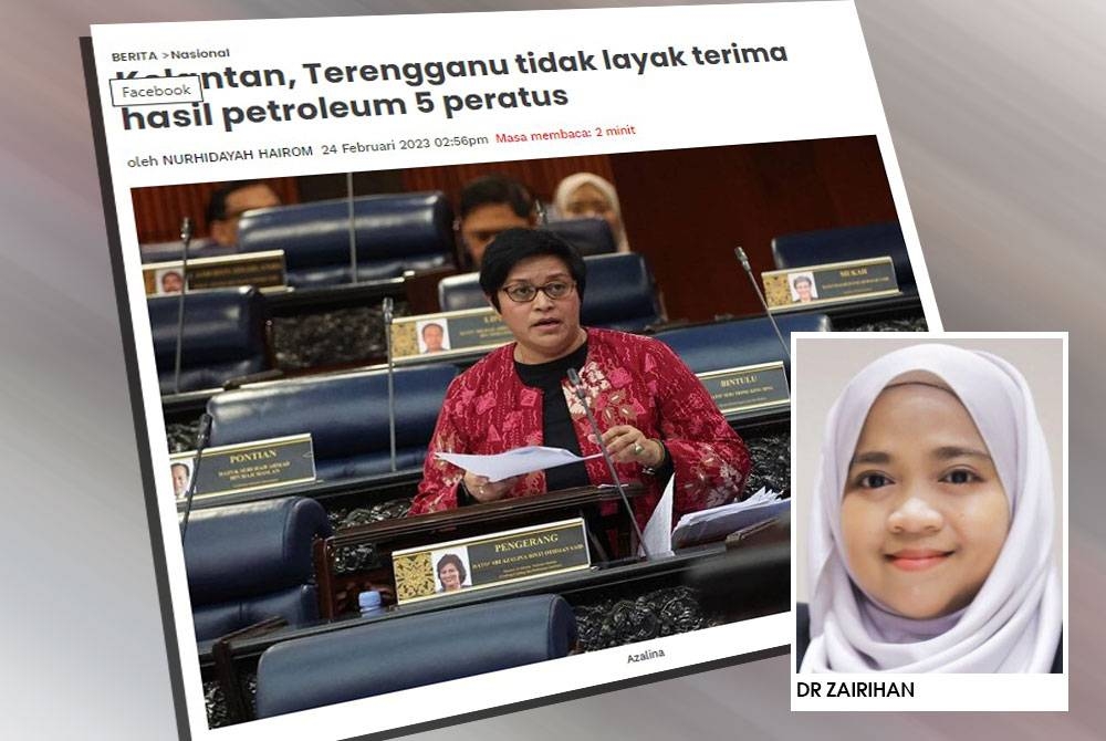 Sebelum ini, Azalina berkata, Kelantan dan Terengganu tidak layak menerima hasil petroleum sebanyak 5 peratus berdasarkan Akta Laut Wilayah 2012 yang menetapkan bahawa negeri hanya boleh menuntut hak sehingga tiga batu nautika.