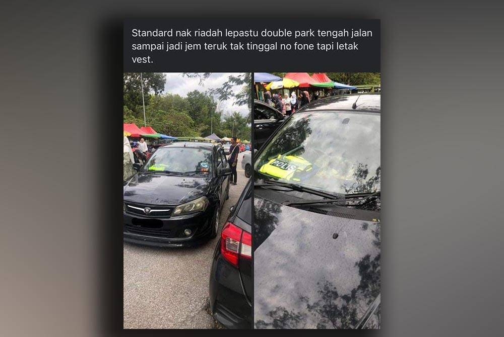 Imej kereta mengandungi vest polis yang menghalang lalu lintas di Padang Polo, Ipoh tular di media sosial. - Foto Ihsan pembaca