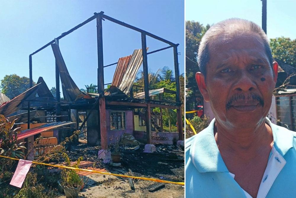 Keadaan rumah Shaperi yang musnah dalam kebakaran di Kampung Telok Manis, Parit pada malam Isnin. Gambar kanan: Shaperi