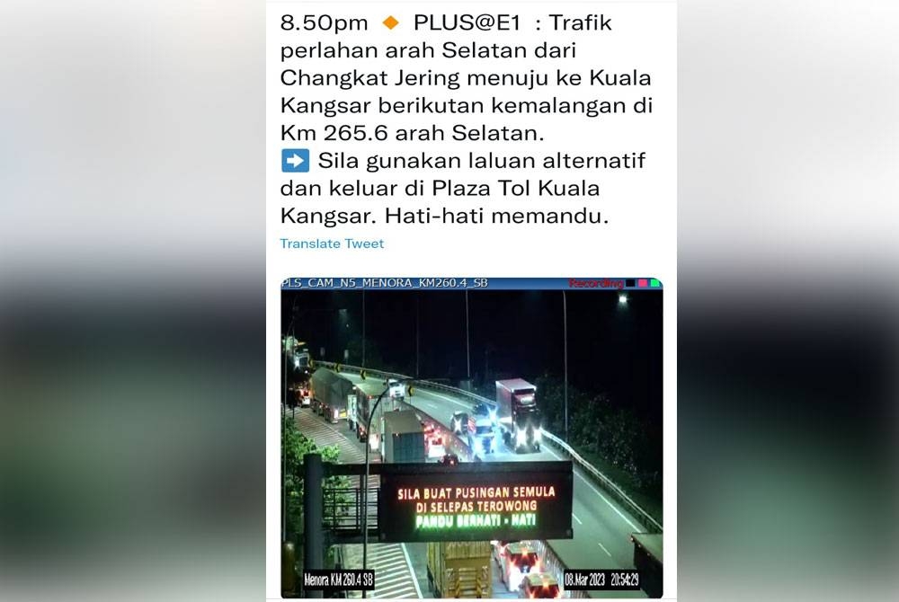 Pemberitahuan kemalangan dan kesesakan yang berlaku di laluan lebuh raya arah selatan Kuala Kangsar-Ipoh oleh pihak Plus dan Lembaga Lebuhraya Malaysia (LLM) di laman Twitter.