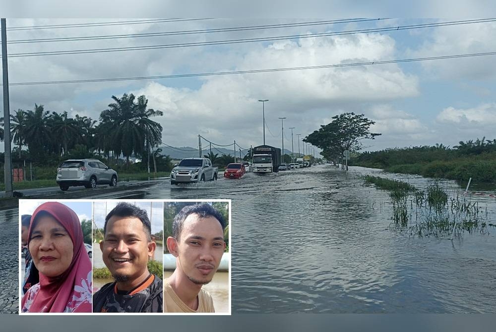 Keadaan jalan Batu Pahat Kluang dekat Kampung Pasir Panjang yang turut dinaiki air. (Gambar kecil: Zainon (kiri), Syafiq, Haziq)