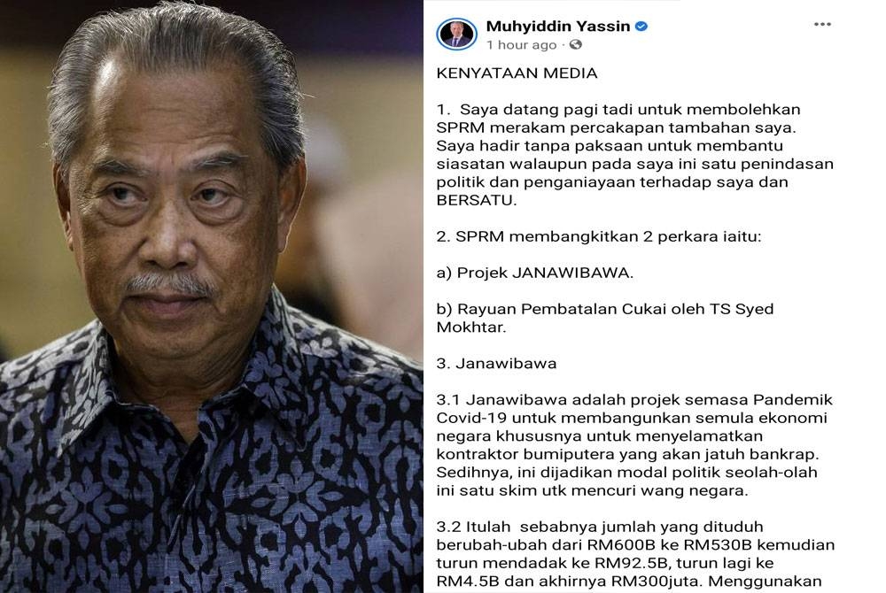 Tangkap layar kenyataan dimuat naik Muhyiddin.