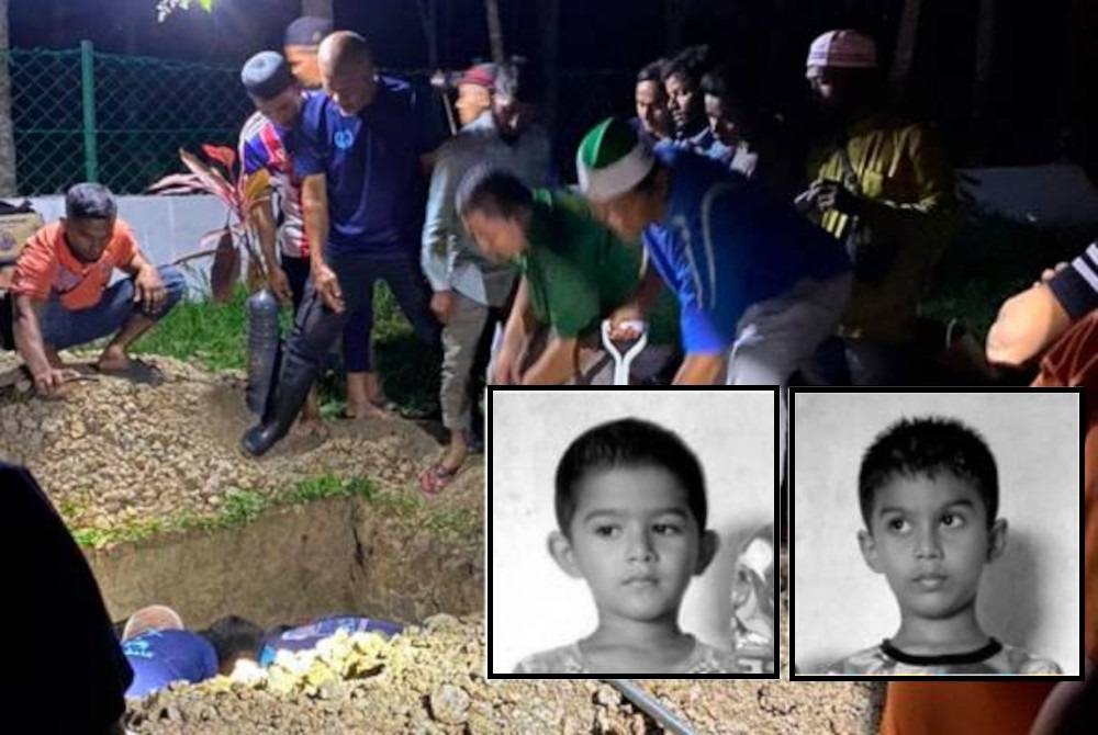 Jenazah dua beradik lelaki (gambar kecil) yang mati lemas dalam lombong pasir, Mamod Shukur dan Muhammad Nazeri dikebumikan di Tanah Perkuburan Kampung Jawa Tikam Batu, Sungai Petani, malam Ahad. - Foto Astro AWANI