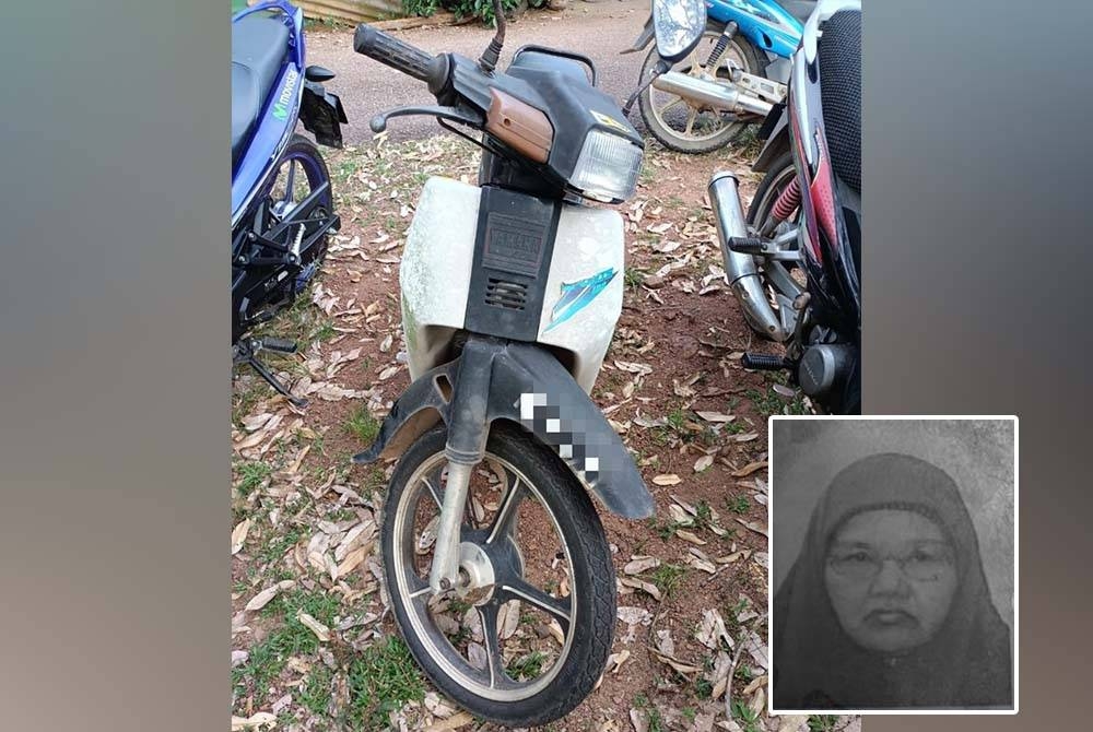 Motosikal Yamaha Y100 yang ditunggang pasangan warga emas itu sebelum terbabit dalam kemalangan. Gambar kecil: Mesah