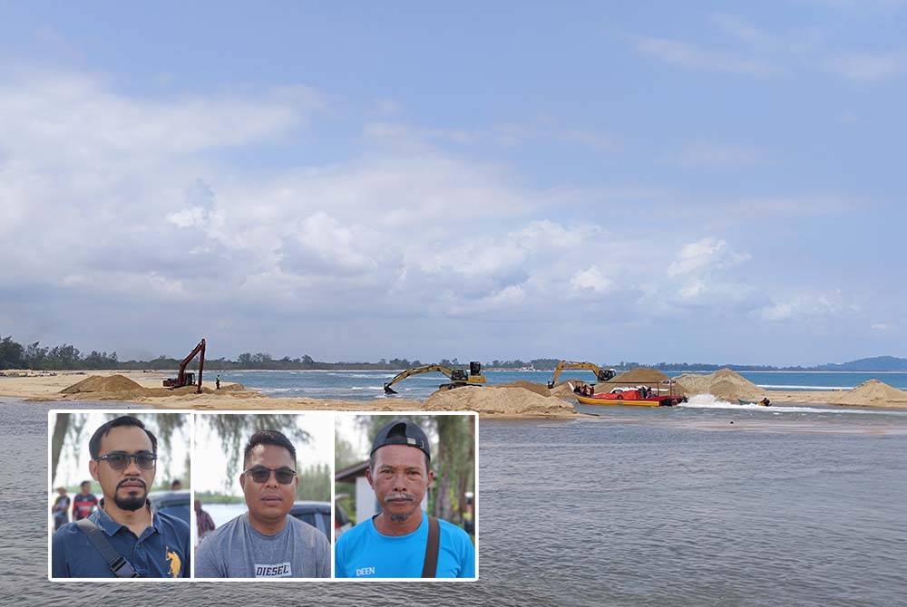 Komuniti pelancongan dan nelayan sepakat mengumpul wang untuk digunakan menyewa jengkaut bagi mengorek laluan keluar dari jeti Merang ke laut yang tertutup. Gambar dalam dari kiri :(Khairul Azizi Azhar dan Jamaludin