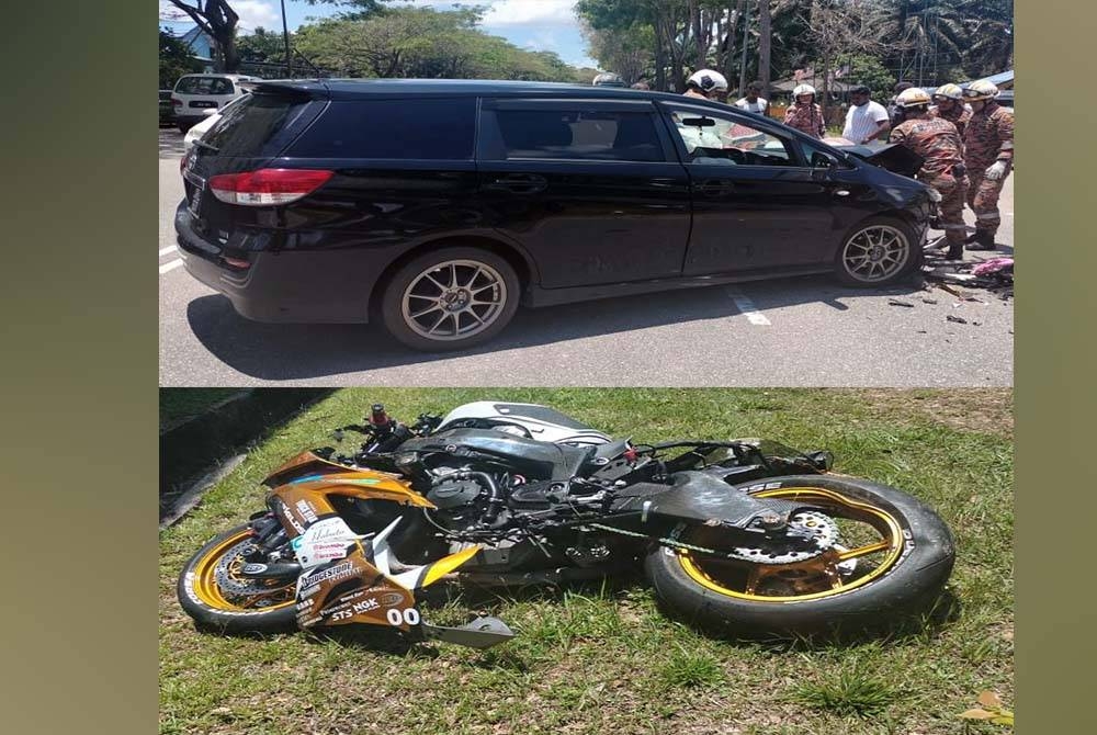 Keadaan motosikal berkuasa tinggi dan MVP Toyota yang terlibat dalam kemalangan KM44, Jalan Jalan Batu Pahat - Mersing, pada Ahad.