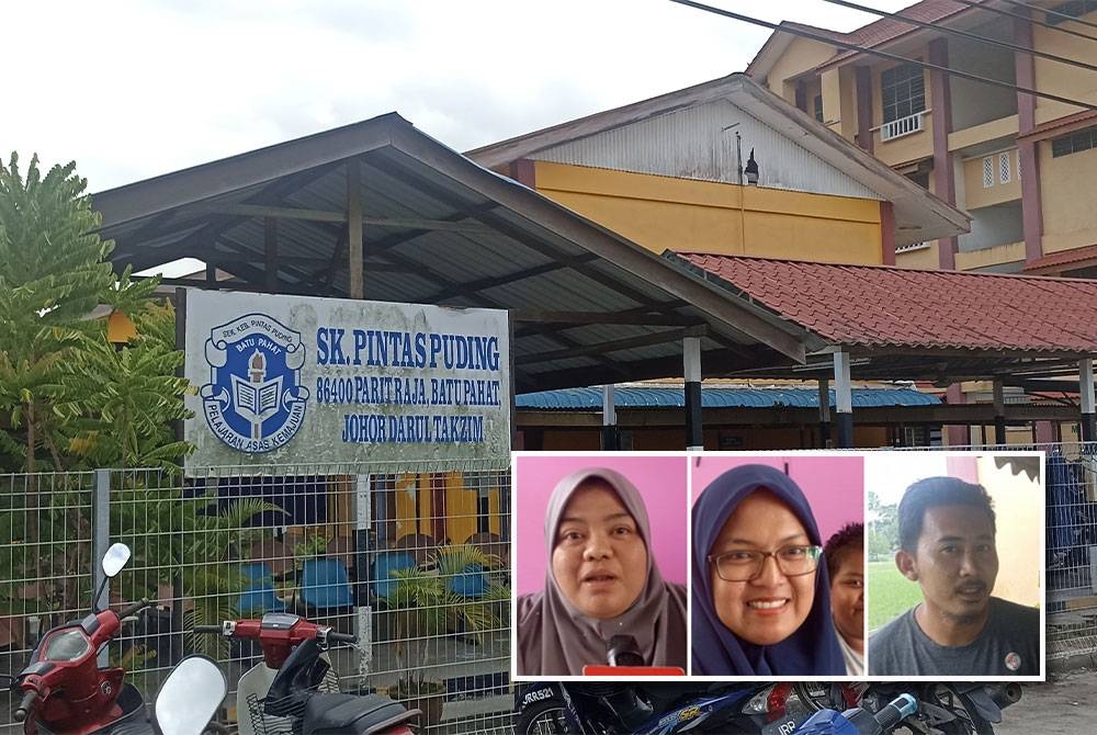 PPS SK Pintas Puding Parit Raja yang menempatkan mangsa banjir di Batu Pahat. (Gambar kecil dari kiri: AZLINA, ROSANIZA, dan AZIM)