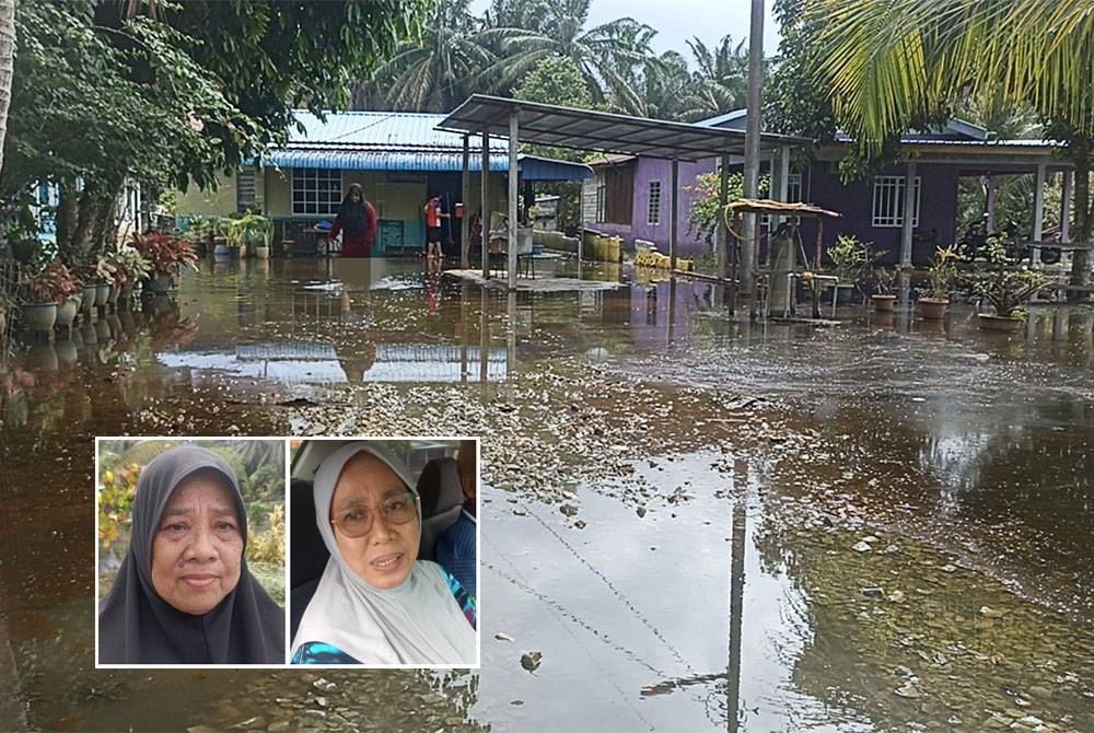 Keadaan banjir termenung yang berbau busuk di perkarangan rumah Rubiah di Kampung Sempadan Laut, Parit Raja. (Gambar kecil: Rubiah dan Hamidah)