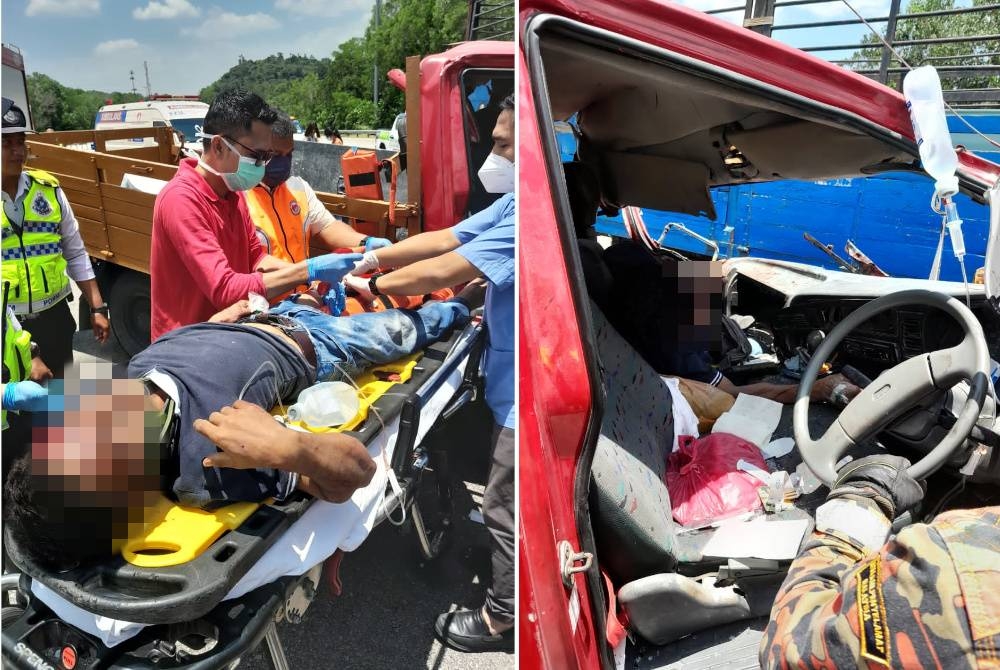 Mangsa mengalami kecederaan parah di bahagian kaki dan kepala dalam kemalangan melibatkan dua buah lori di Plaza Tol Sungai Long, Lebuhraya Silk pada Khamis.