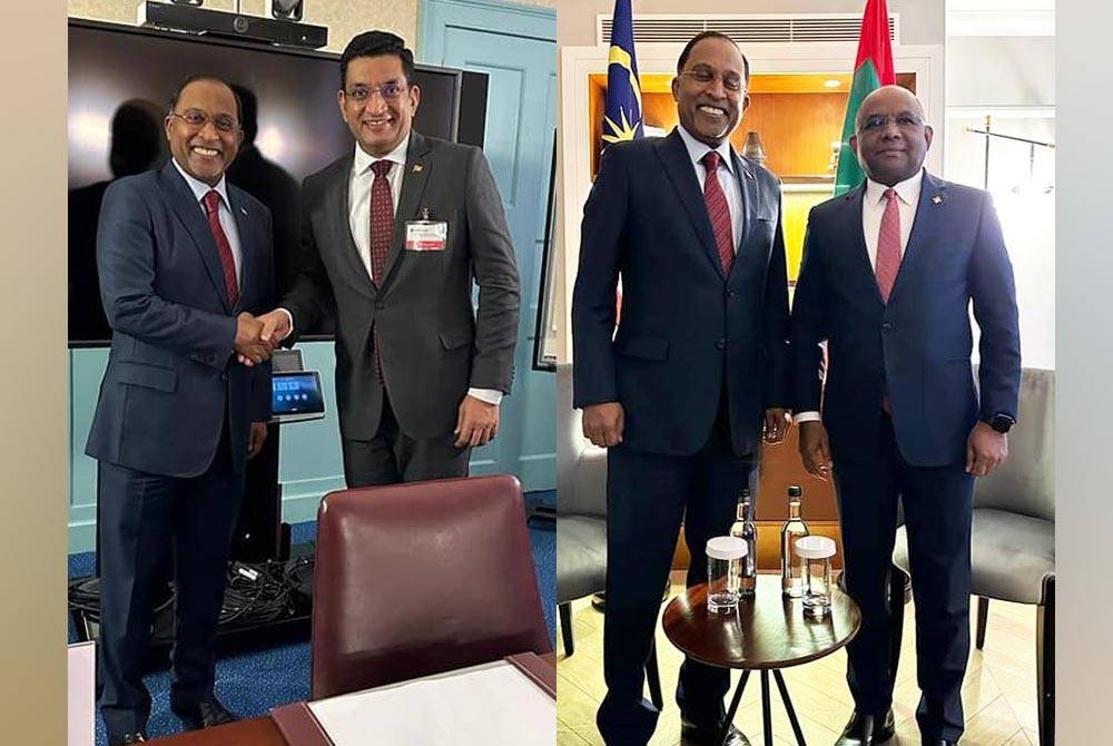 Zambry ketika mengadakan pertemuan dengan rakan sejawatnya, Ali Sabry dari Sri Lanka (gambar kiri) dan Abdulla Shahid dari Maldives (gambar kanan) semasa lawatan kerja tiga harinya ke London.