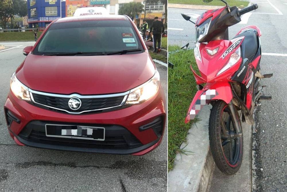 Kereta yang dipercayai melanggar motosikal mangsa di persimpangan Jalan Sungai Buloh pada Sabtu.