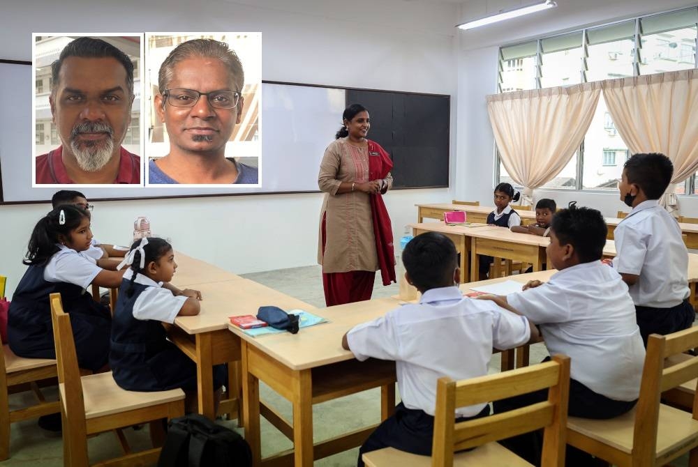 Murid-murid memulakan sesi pembelajaran pada hari pertama persekolahan sesi 2023/2024 di Sekolah Jenis Kebangsaan (Tamil), PJS 1 pada Isnin. - Foto Bernama (Gambar kecil: Naveendran, Kumaresan)