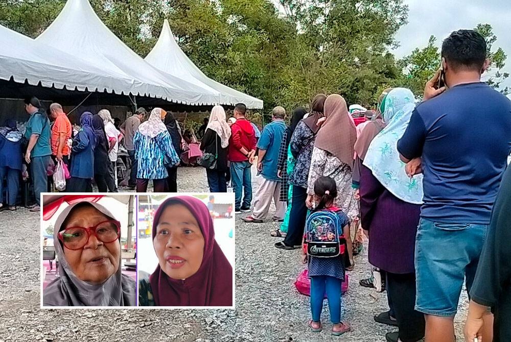 Orang ramai beratur untuk membeli minyak masak dan ayam ketika program Jualan Pra Ramadan Melaka Madani 2023 di Bukit Katil di sini, pada Selasa (Gambar kecil: Nora dan Hasanah)