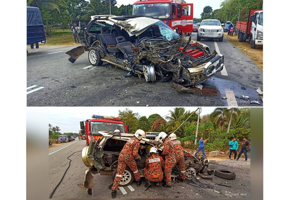 Keadaan kemalangan yang melibatkan sebuah Honda CRV dan lori berdekatan klinik Padang Luas pada Rabu. - Foto JBPM