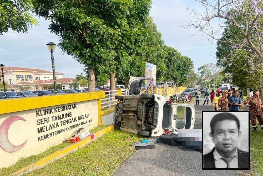 Kereta Perodua Myvi dipandu mangsa terbabas dan melanggar tembok Klinik Kesihatan Sri Tanjung, Melaka pada Rabu. (Gambar kecil: Mun Hock)