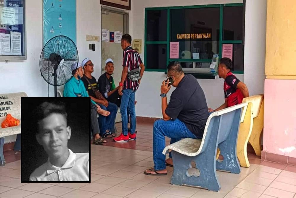 Keadaan di pekarangan Unit Forensik HoSHAS Temerloh dengan kehadiran keluarga dan rakan mangsa pada Rabu. Gambar kecil: Haikal Aiman