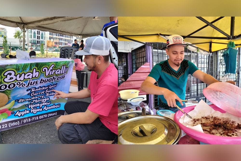 Ahmad Luqman menunjukkan menu air buah yang dijual di gerainya. Mohammad Fadli (kanan) setia berniaga di gerainya di Jalan Kubang Kerian sepanjang Ramadan.