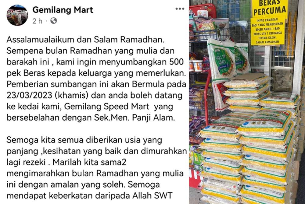 Hantaran di laman Facebook mengenai agihan beras percuma yang mendapat lebih 100 perkongsian.