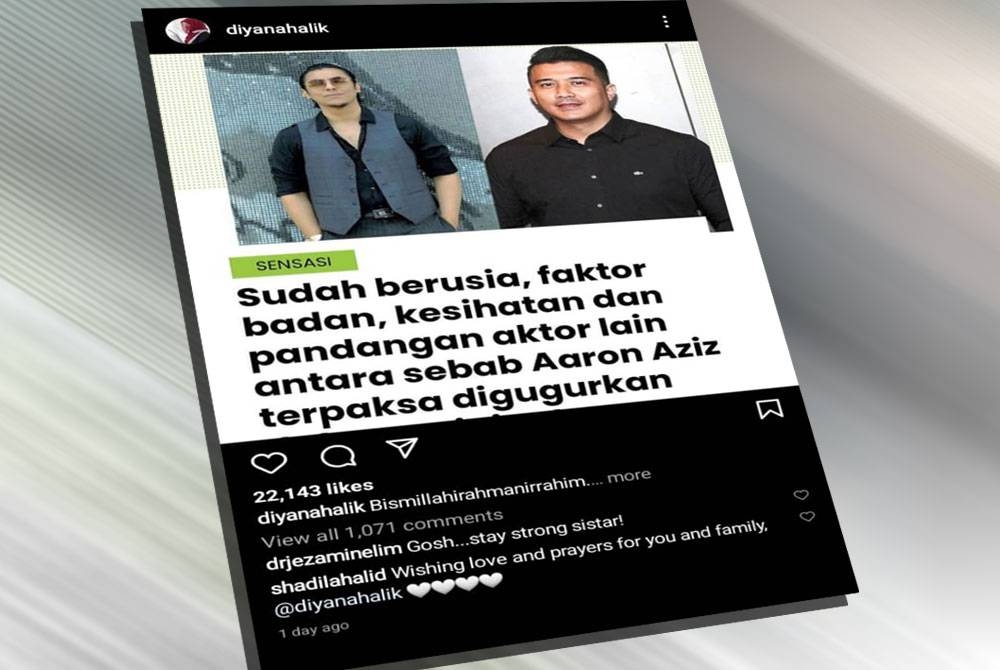 Tangkap layar Instagram milik Diyana Halik pada Jumaat.