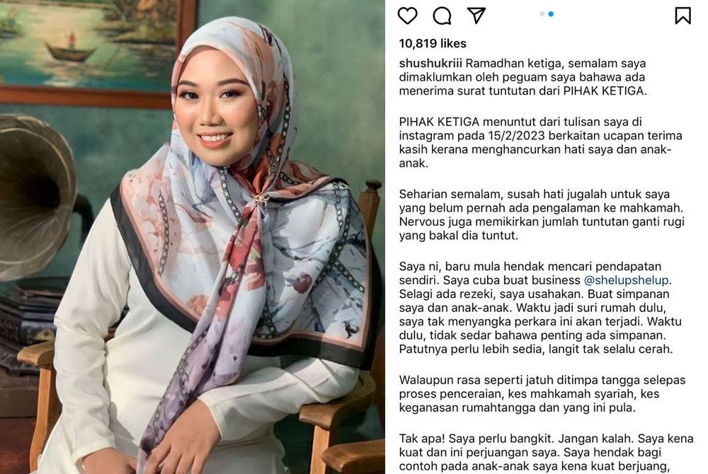 Nurul Shuhada Mat Shukri mengesahkan menerima surat tuntutan saman daripada &#039;pihak ketiga&#039;. Foto: IG Nurul Shuhada